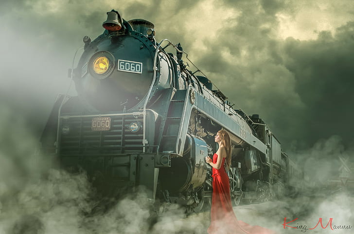 steam locomotive, women, mist, HD wallpaper