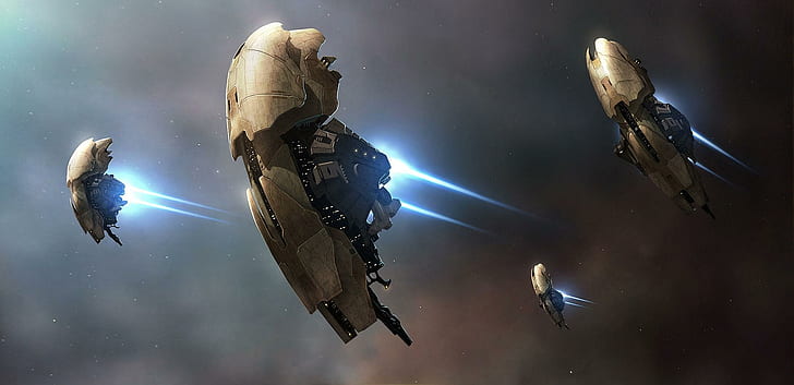 Fantasy, Amarr, EVE Online, Spaceship, Games, four white battle space ship