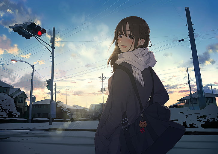 anime, anime girls, urban, snow, town, one person, sky, real people