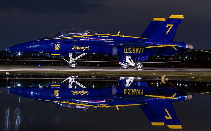 blue and yellow US Navy Blue Angels 7 fighter jet, McDonnell Douglas F/A-18 Hornet