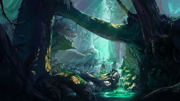 Free download | HD wallpaper: fantasy art, forest, dark, waterfall ...