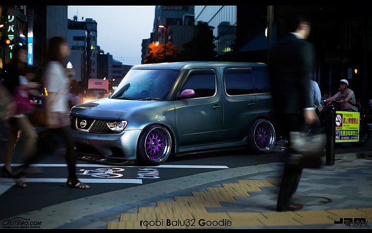 blue Nissan Cube 5-door hatchback, car, sports car, tuning, digital art, HD wallpaper