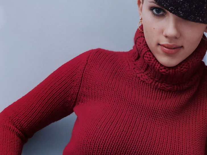 women's red turtleneck sweatshirt, Scarlett Johansson, one person
