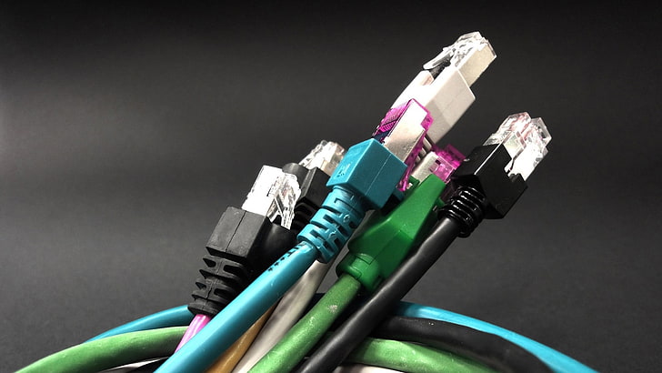 wires, Network cable, RJ45, blue, green, black, computer cable, HD wallpaper