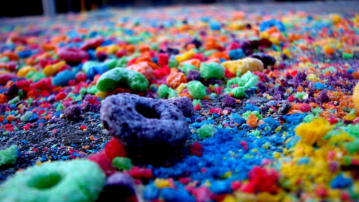 cereal foods, colorful, Fruit Loops, multi colored, selective focus, HD wallpaper