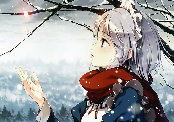 Touhou, Izayoi Sakuya, anime girls, winter, snow, witch, ke-ta, HD wallpaper