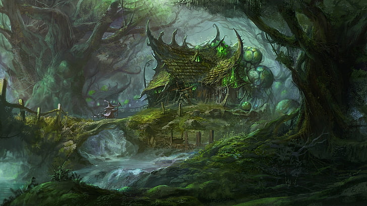 house covered in moss digital wallpaper, forest, magic, fantasy art
