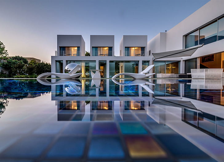 Luxurious Modern Mansion with Pool, island, reflection, swimming
