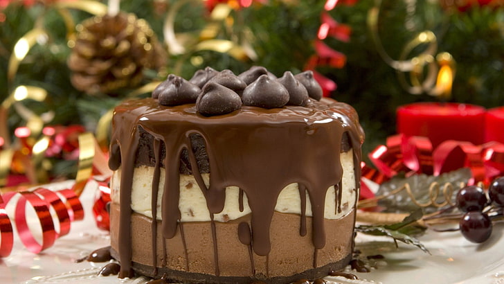 chocolate cake, food, dessert, ribbon, celebration, christmas, HD wallpaper