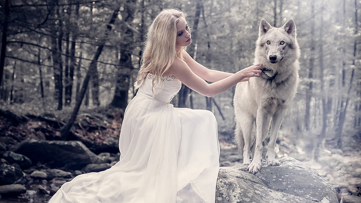 HD wallpaper: women, model, photography, wolf, white dress, dog, canine ...