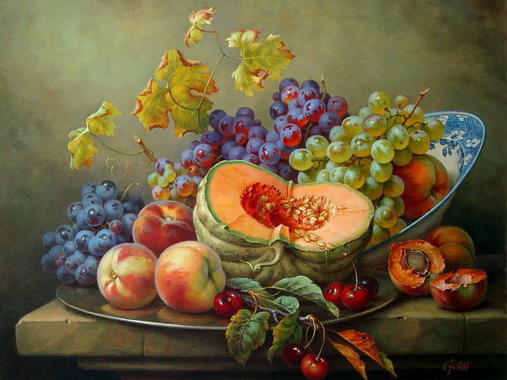 assorted fruits and vegetables painting, cherry, grapes, pumpkin