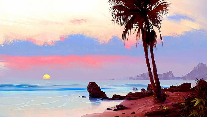 sea, sky, tropics, shore, palm tree, painting art, ocean, vacation, HD wallpaper