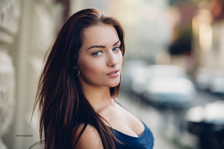 women's blue top, model, brunette, blue eyes, cleavage, pierced nose, HD wallpaper