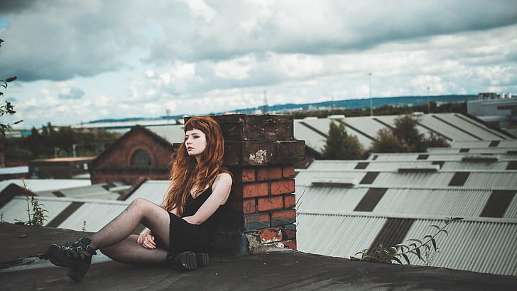 rooftops, sitting, women, legs, model, young adult, one person, HD wallpaper