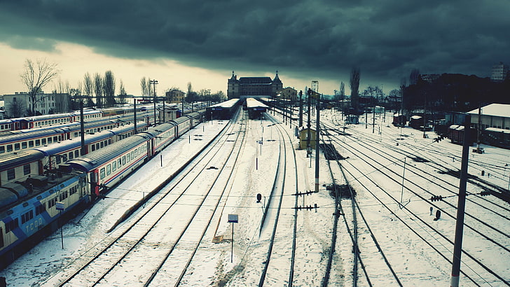 gray and red train, city, train station, railway, snow, Istanbul