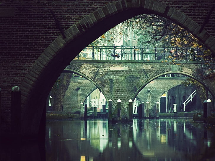 Hamburg, Germany, water, bicycle, bridge, arch, architecture, HD wallpaper