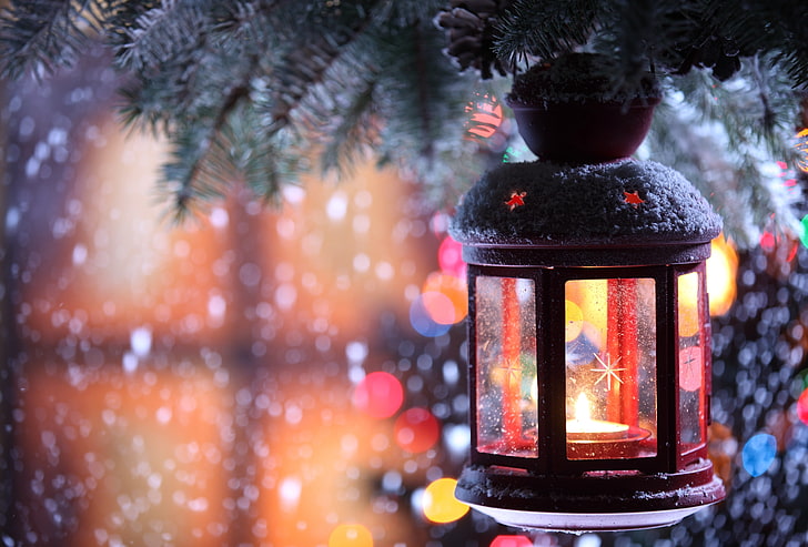 black candle lantern, torch, branch, snow, winter, snowflakes