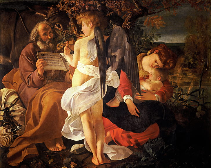 angel, picture, Caravaggio, mythology, Rest on the flight into Egypt