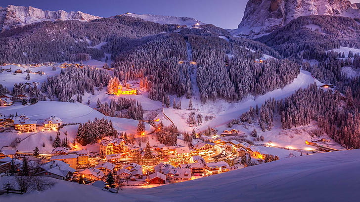 winter, snow, mountains, lights, valley, Italy, The Dolomites