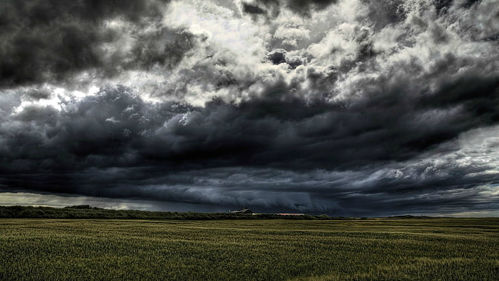 green meadow, landscape, overcast, storm, field, nature, cloud - sky, HD wallpaper