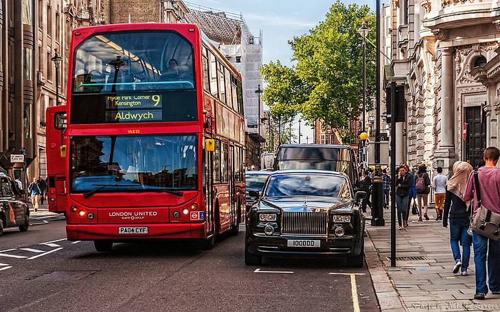 photography, city, Rolls-Royce, London, buses, street, architecture