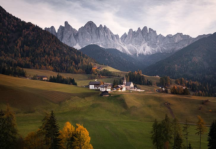 autumn, landscape, mountains, nature, home, village, Italy, HD wallpaper