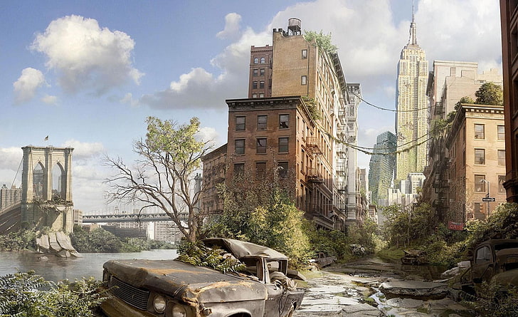 Empire State Building, New York painting, apocalyptic, bridge