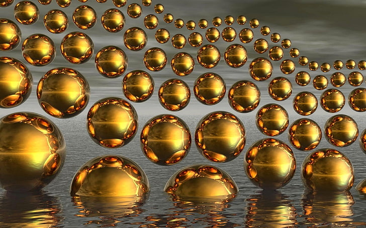 gold-colored ornaments, wave, water, reflection, background, balls, HD wallpaper