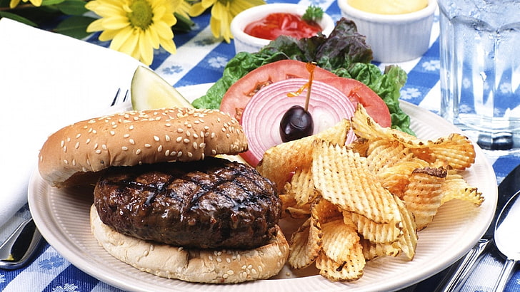 burgers, chips, Fries, food, vegetables, food and drink, ready-to-eat