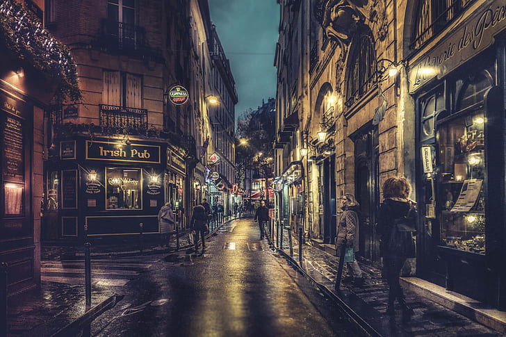 Paris, night, France, street, people, lamps, cityscape, walking, HD wallpaper