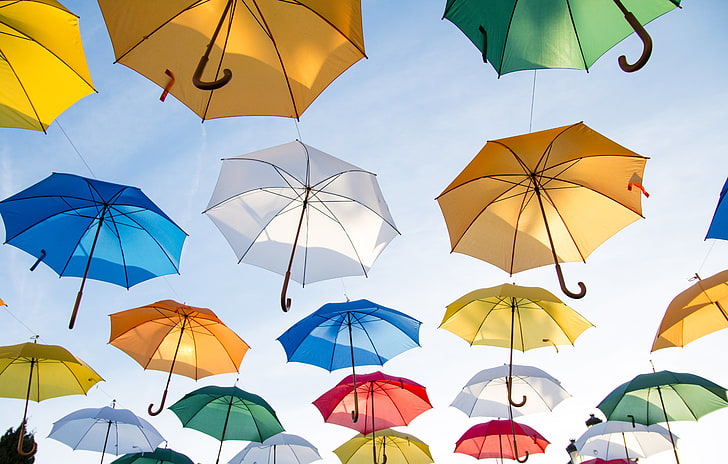 umbrella, photography, colorful, clear sky, protection, security, HD wallpaper