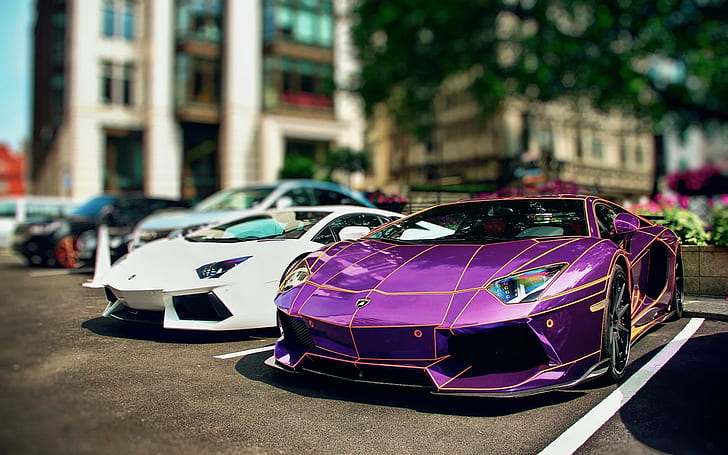 two white and purple Lamborghini Aventadors, car, parking lot