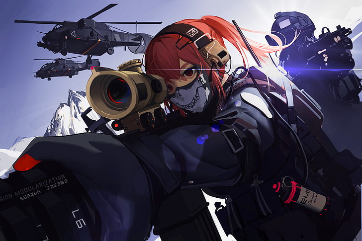 red haired anime woman character, military, weapon, soldier, anime girls