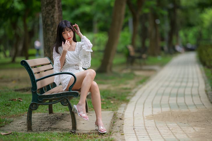 Asian, model, women, dark hair, long hair, sitting, bench, barefoot sandal
