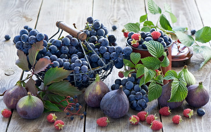 food, lunch, fig, fruit, grapes, Black Grapes, raspberries