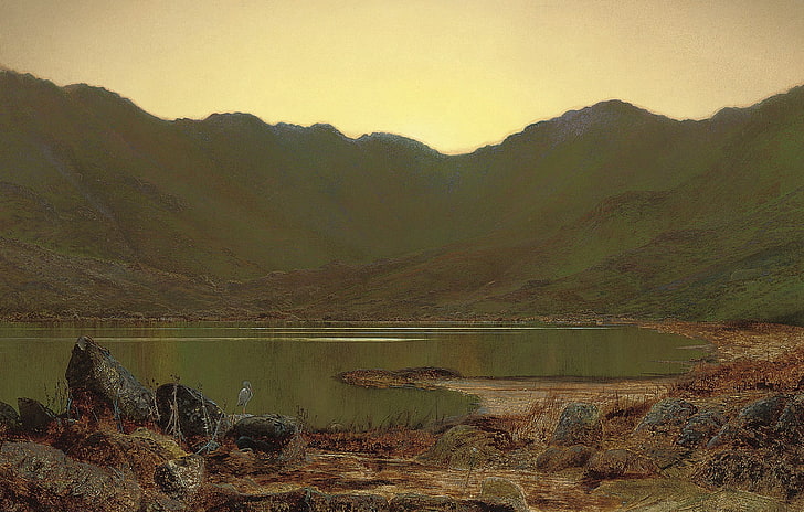 landscape, mountains, lake, bird, picture, John Atkinson Grimshaw, HD wallpaper