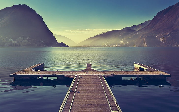 brown wooden boardwalk, pier, landscape, nature, mountain, water, HD wallpaper