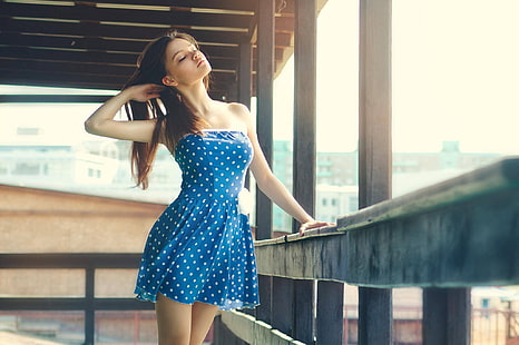 HD wallpaper: women's blue and white polka-dot dress, Girl, Sexy ...