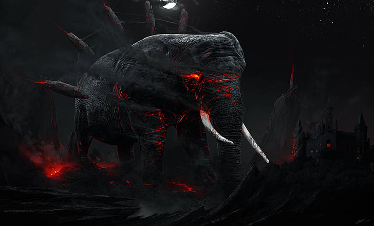 black and red mammoth illustration, Elephant, Dark, 5K