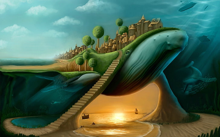 whale island with seashore under illustration, surreal, stairs