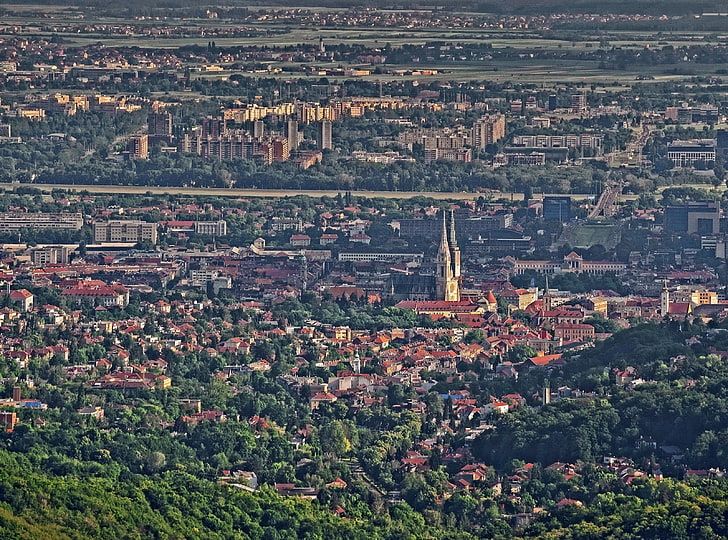 Panorama of Zagreb, Gornji grad i Novi Zagreb, cityscape digital wallpaper
