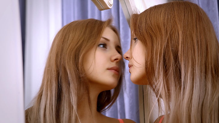women, model, reflection, mirror, face, Mika, hair, two people