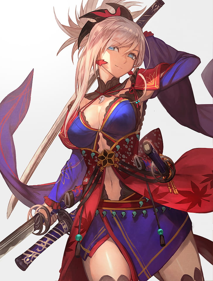 anime girls, white hair, swordswoman, Miyamoto Musashi (fategrand order), HD wallpaper