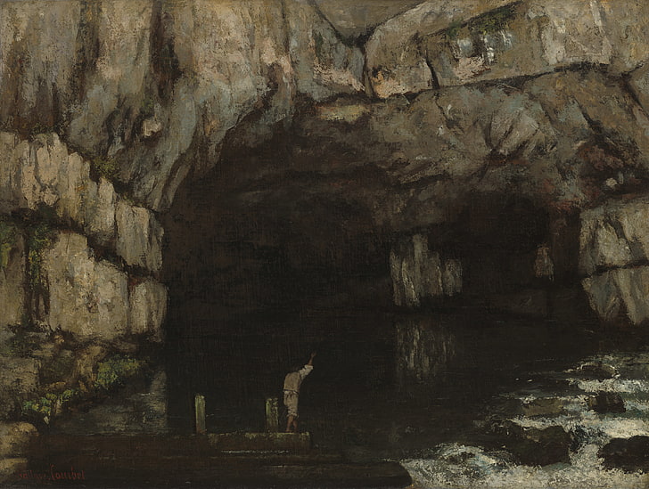 Gustave Courbet, classic art, oil painting, cave, solid, rock
