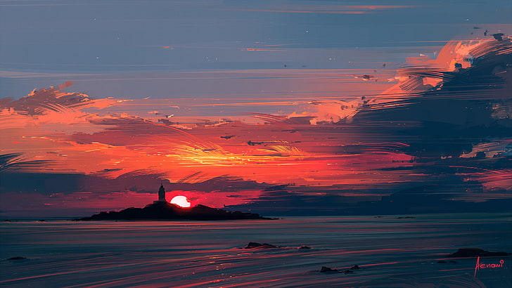 body of water painting, sunset, illustration, Aenami, artwork