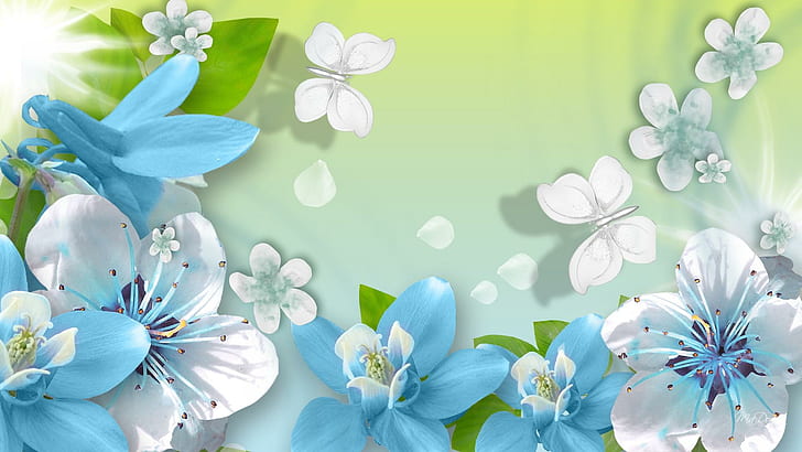 Summer Romance, blue and white flowers illustration, firefox persona
