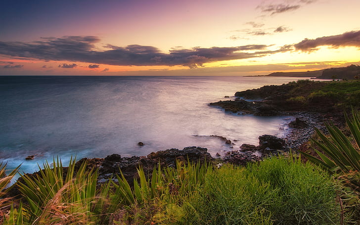 Hawaii, sunset, ocean, nature coast scenery, HD wallpaper