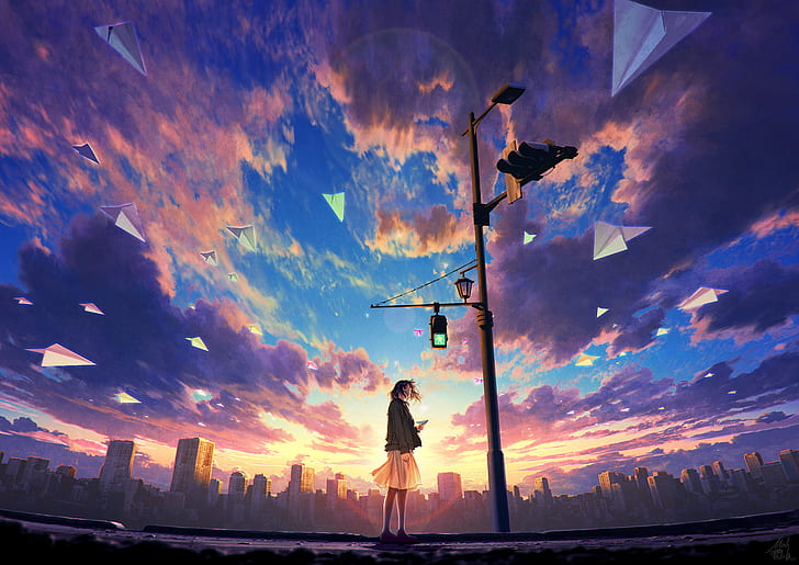 anime girls, sky, city, traffic lights, paper planes, sunlight, HD wallpaper