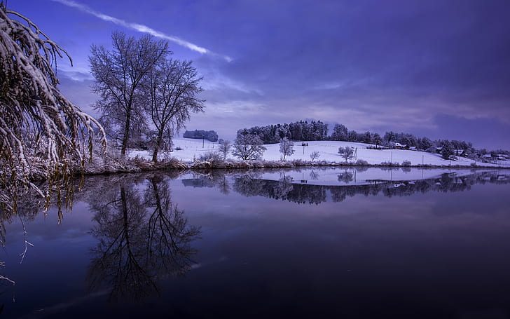 Winter, snow, trees, hills, river, sky, reflection, dusk, HD wallpaper