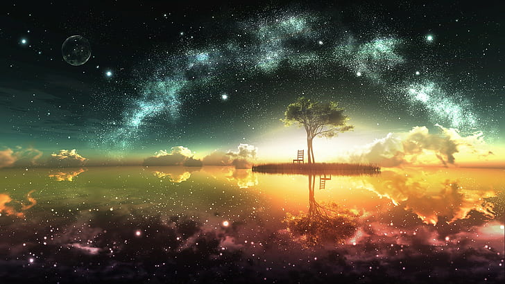 Fantasy World, space, sunset, tree, water surface, HD wallpaper